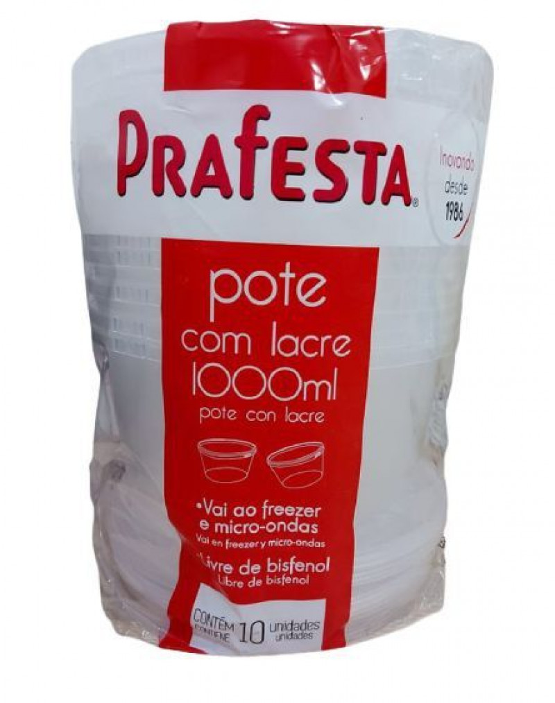 POTE REDONDO C/ TAMPA E LACRE 1000 ML PRAFESTA PT C/ 10 UN (8809)