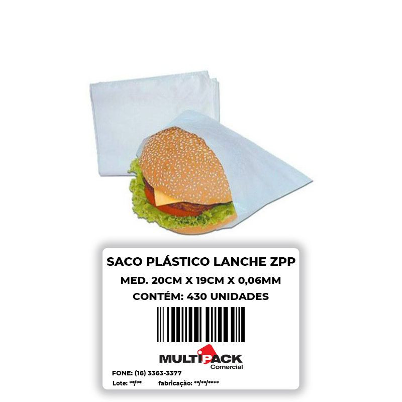 SACO PLÁSTICO PARA LANCHE AD 20X19X0,06 Mi 1 KG C/ 430 UN ZPP