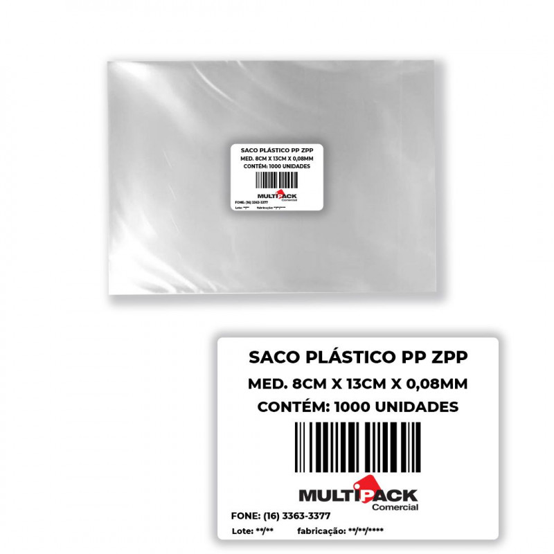 SACO PLÁSTICO PP 08X13X0,08 C/ 1000 UN ZPP