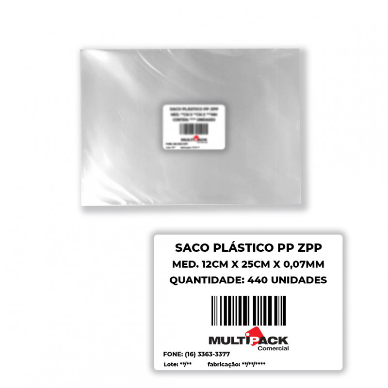 SACO PLÁSTICO PP 12X25X0,07 Mi 1 KG C/ 440 UN ZPP