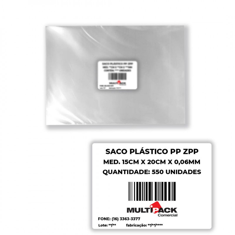 SACO PLÁSTICO PP 15X20X0,06 Mi 1 KG C/ 550 UN ZPP