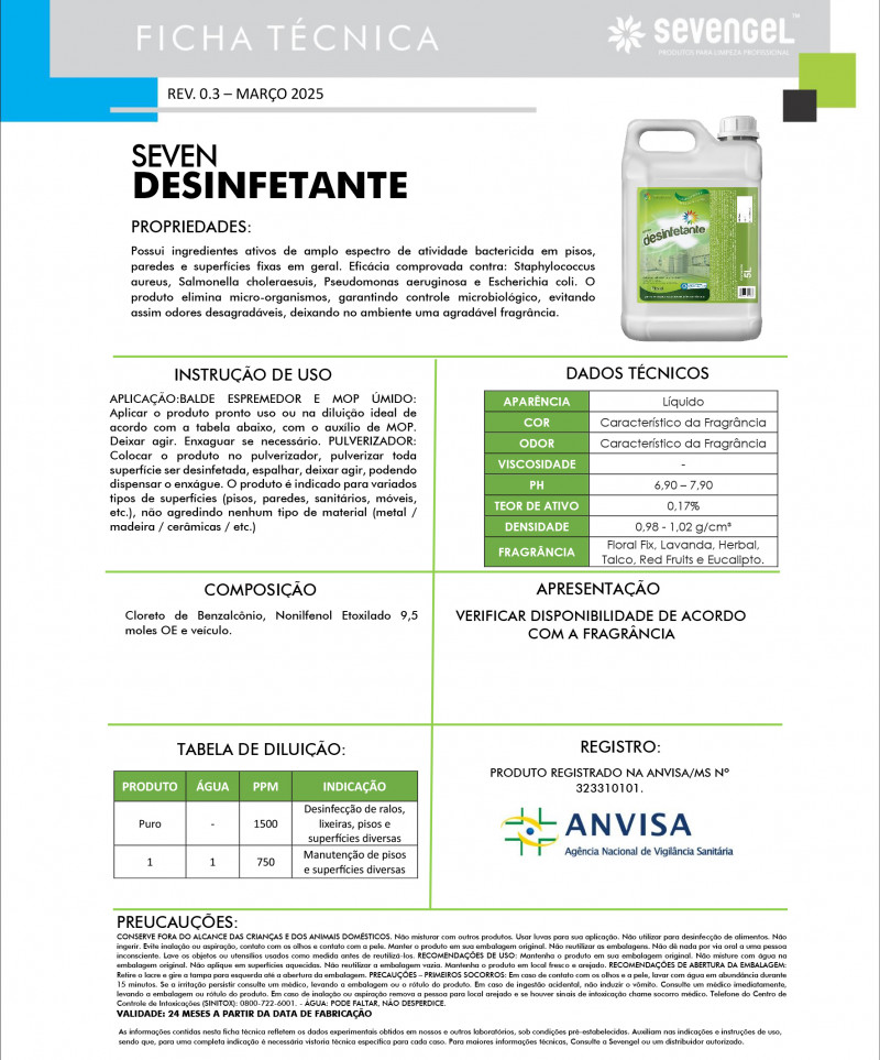 DESINFETANTE 5 LITROS PRONTO USO FLORAL SEVENGEL CX C/ 4 UN (5271)