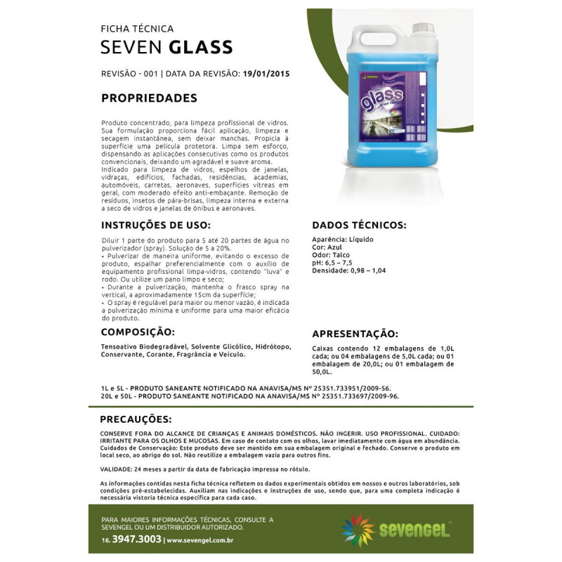 Limpa Vidros 5 Litros Glass Sevengel