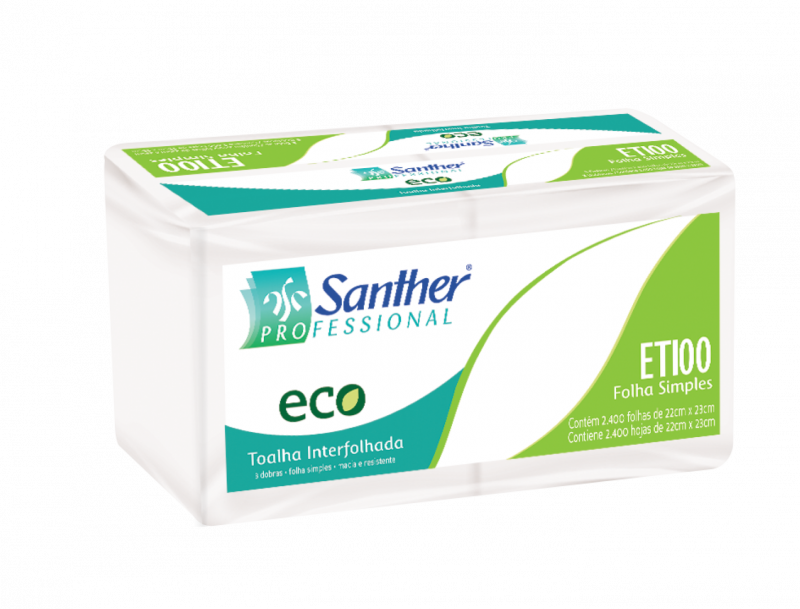 TOALHA DE PAPEL INTERFOLHADO FOLHA SIMPLES 3 DOBRAS SANTHER FD C/ 2400 FOLHAS (ETI00)