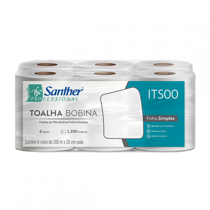 TOALHA DE PAPEL BOBINA 6x20x200 MT 25GR SANTHER FD C/ 6 UN (ITS00)