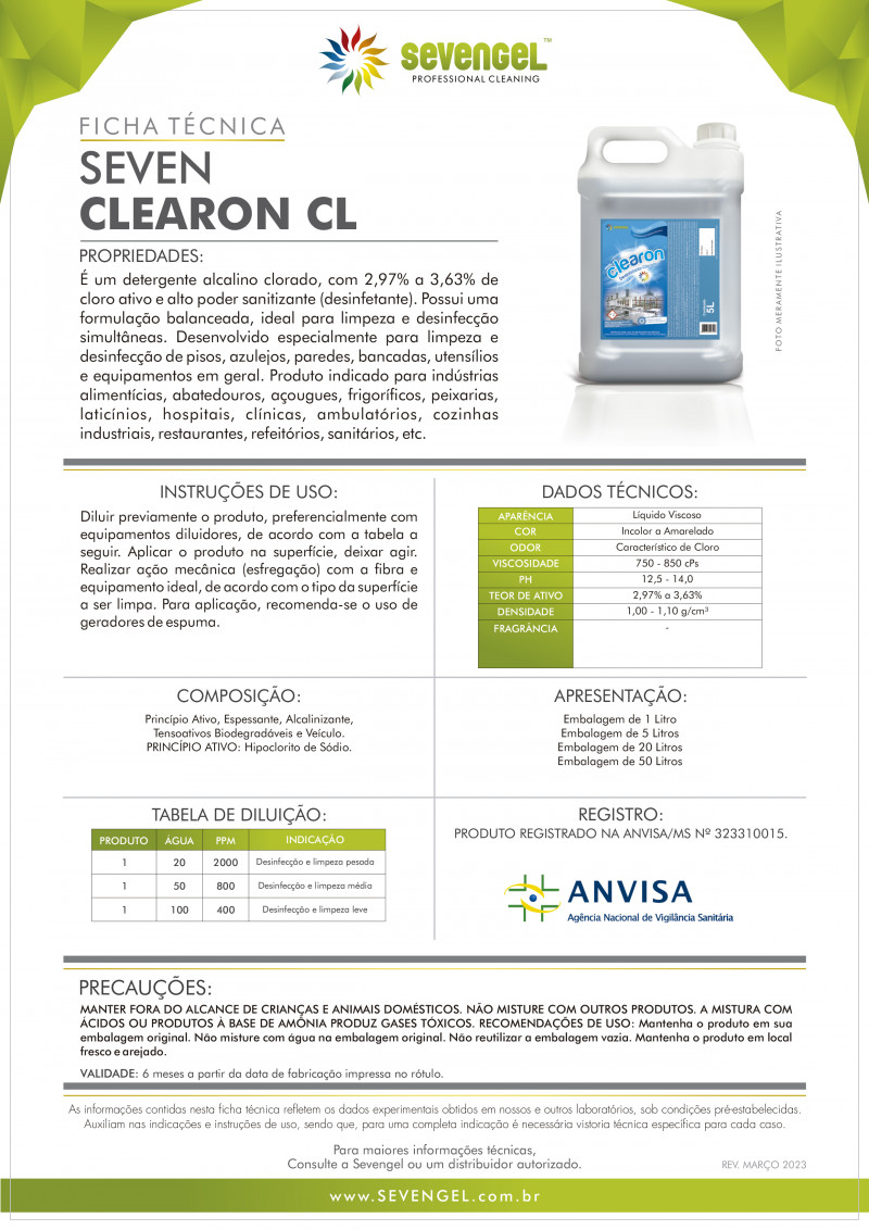 DETERGENTE LIQUIDO 5 LT CLEARON C/ ESPUMA SEVENGEL CX C/ 4 UN (5248) 