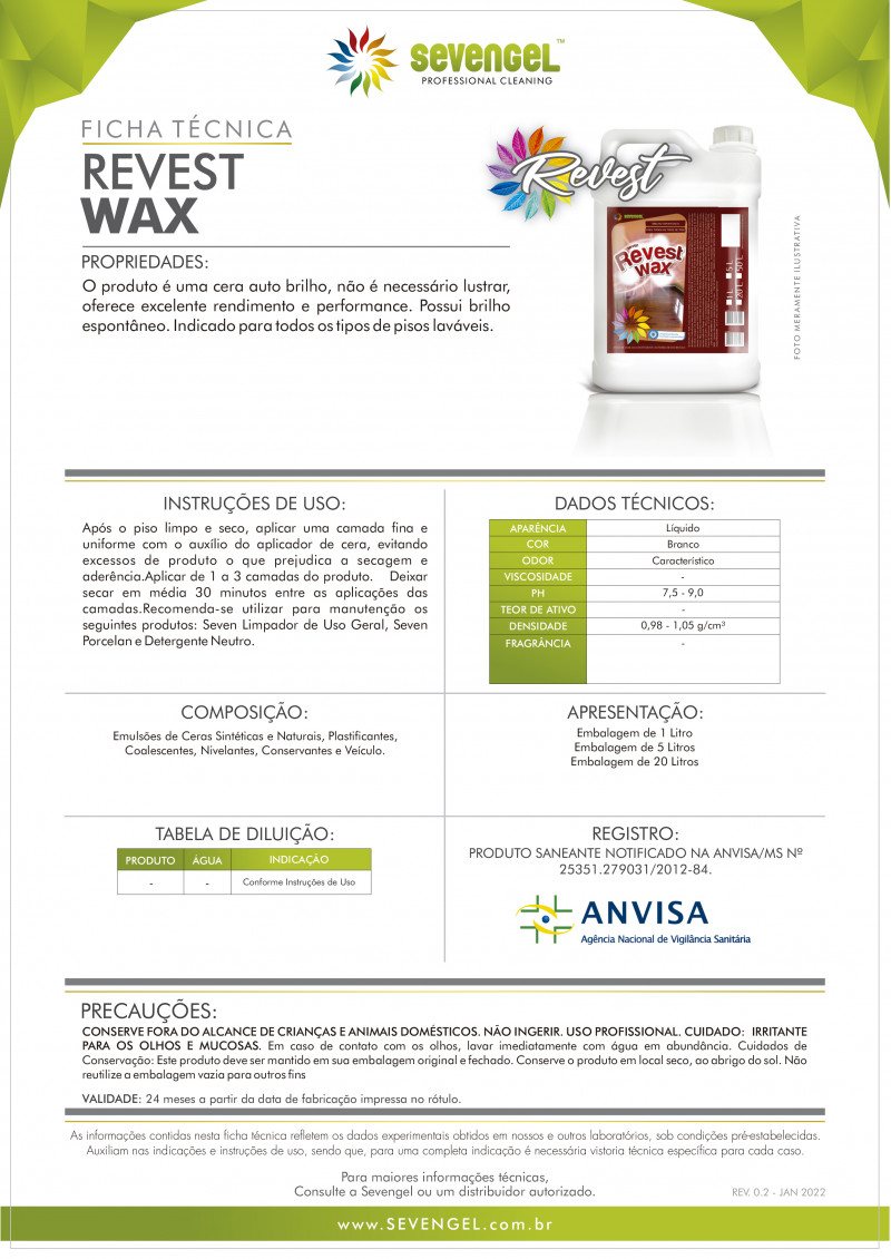CERA LÍQUIDA 5 LTS AUTO BRILHO WAX REVEST SEVENGEL CX C/ 4 UN (5629)
