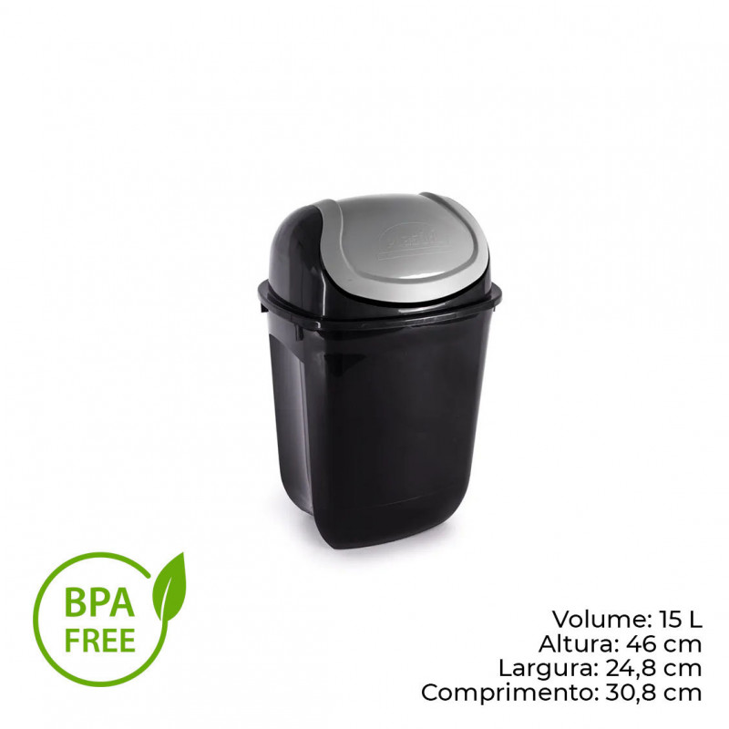 LIXEIRA GIRA TOP 15 LITROS ECO BLACK PLASUTIL (2496)