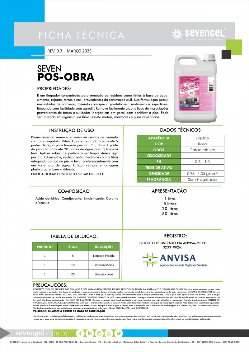 DESINCRUSTANTE PÓS OBRA 1 LT SEVENGEL CX C/ 12 UN (5591)