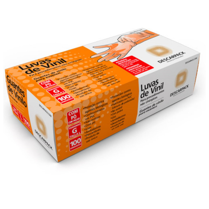 LUVA DE VINIL COM PÓ USO GERAL DESCARPACK GRANDE CX C/ 100 UN