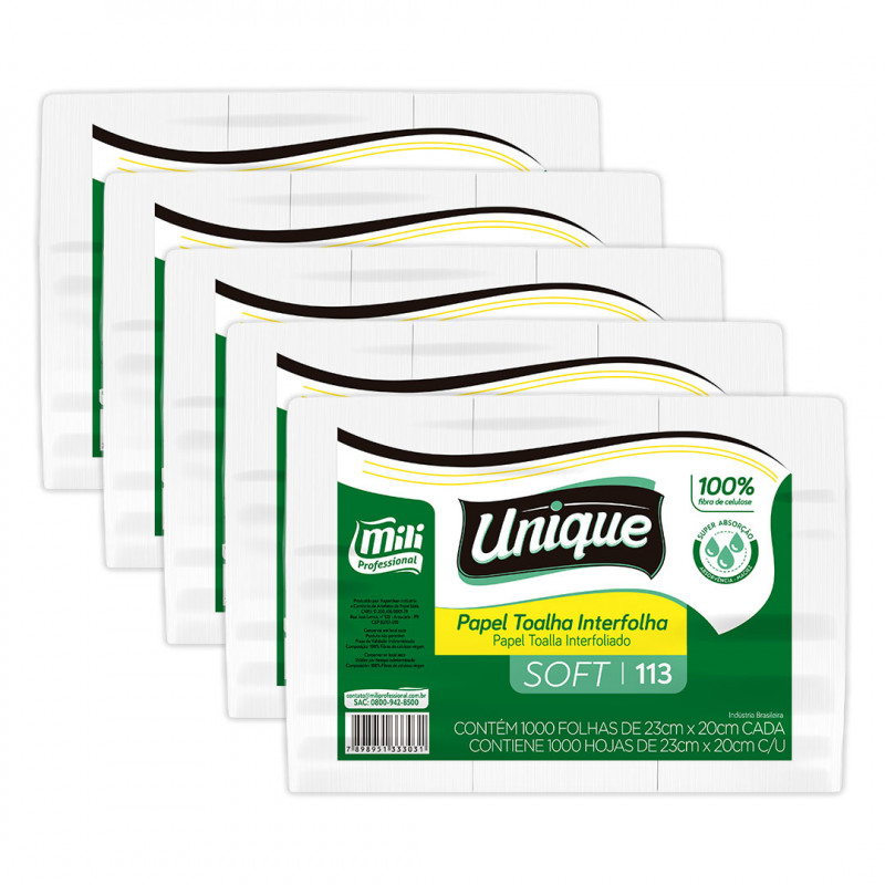 PAPEL TOALHA FOLHA SIMPLES 2 DOBRAS 23X20 CM SOFT 100% CELULOSE MILI C/ 5000 FOLHAS (113)