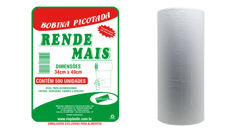 BOBINA PICOTADA 34X49X0.016 RIOPLASTIC RENDE MAIS C/ 500 SACOS FD C/ 6 UN