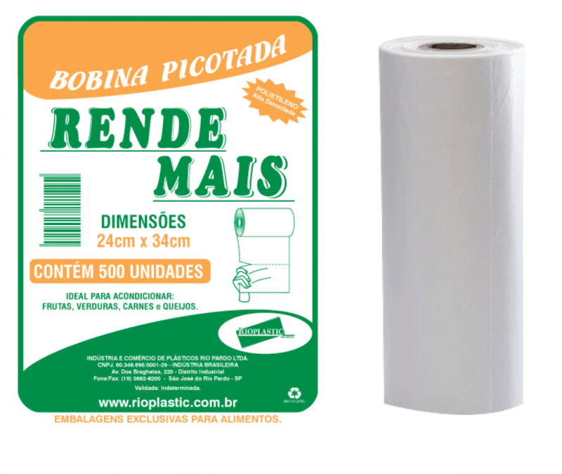 BOBINA PICOTADA 24X34X0.016 RIOPLASTIC RENDE MAIS C/ 500 SACOS CX C/ 8 UN