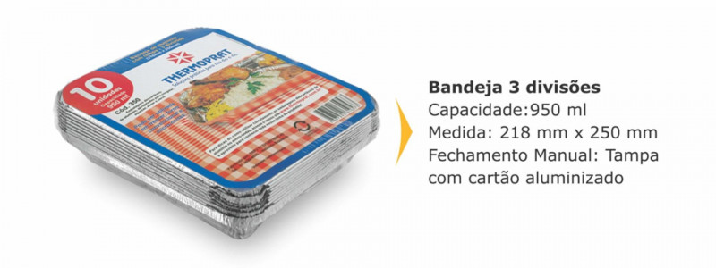 BANDEJA ALUMÍNIO 3 DIVISÓRIAS THERMOPRAT - 1 PACOTE C/ 10 UNIDADES