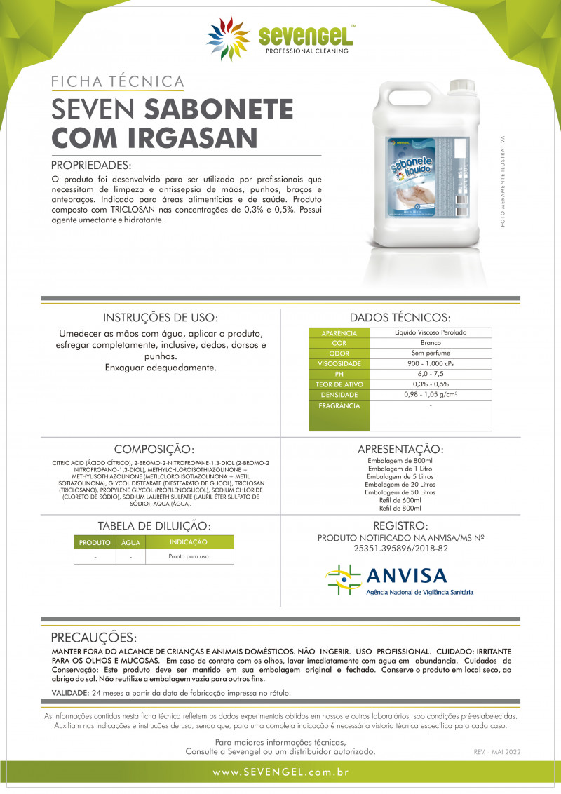 SABONETE LÍQUIDO 5 LTS IRGASAN 3% BACTERICIDA SEVENGEL 1 UN (5695)