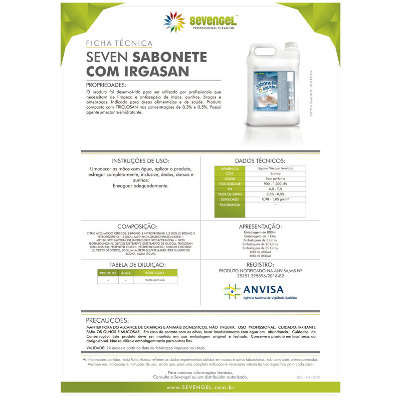 SABONETE LÍQUIDO 5 LTS IRGASAN 3% BACTERICIDA SEVENGEL 1 UN (5695)