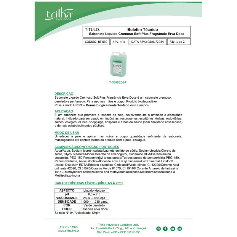 SABONETE LIQUIDO 5 LITROS ERVA DOCE PLUS TRILHA CX C/ 4 UN (T-5000EDSP)