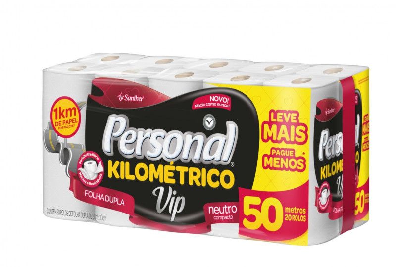 PAPEL HIGIÊNICO PERSONAL VIP FOLHA DUPLA 50 MT SANTHER PCT C/ 20 UN (PCK20)