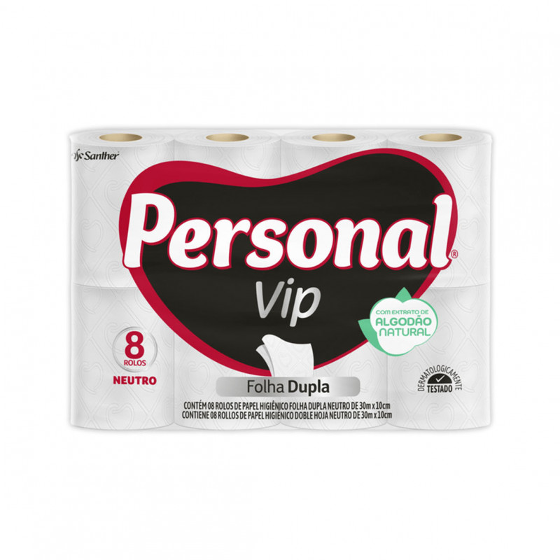 PAPEL HIGIÊNICO PERSONAL VIP FOLHA DUPLA 30 MTS SANTHER PCT C/ 8 UN (PVC84)