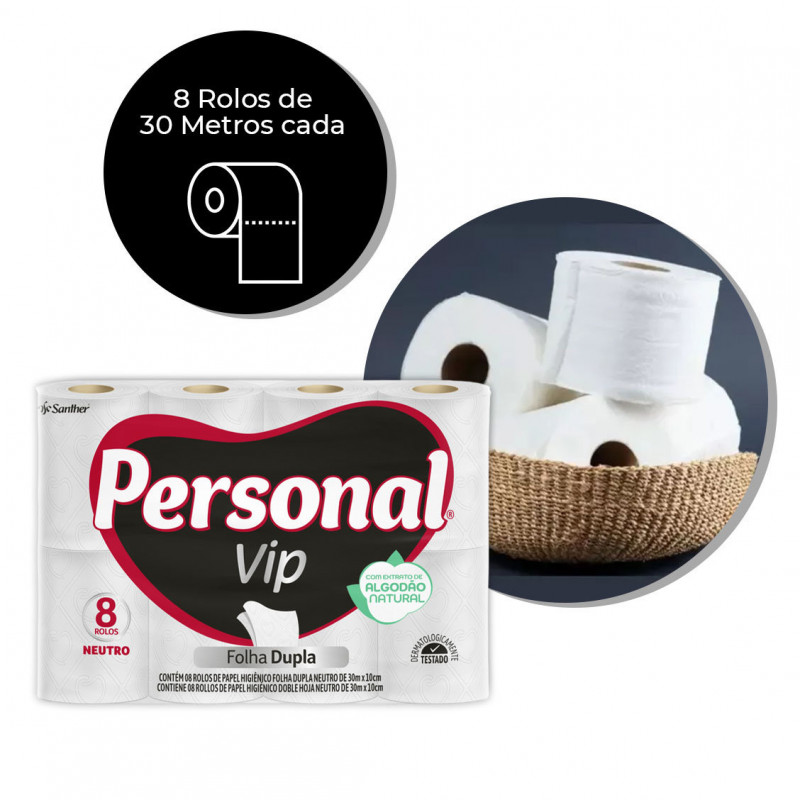 PAPEL HIGIÊNICO PERSONAL VIP FOLHA DUPLA 30 MTS SANTHER PCT C/ 8 UN (PVC84)