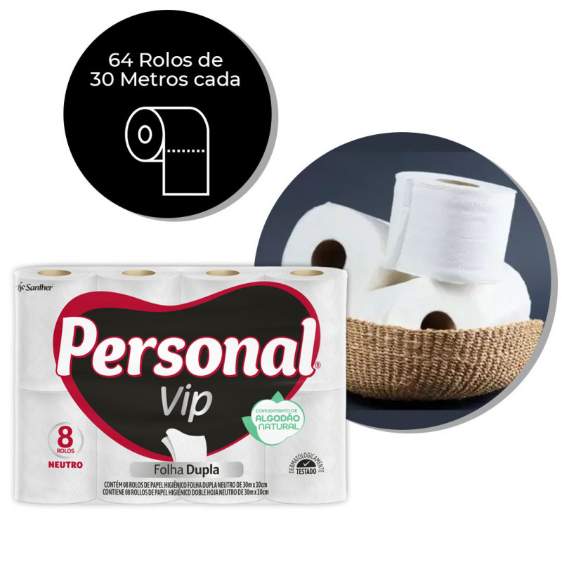 PAPEL HIGIÊNICO PERSONAL VIP FOLHA DUPLA 30 MTS SANTHER FD C/ 64 UN (PVC84)