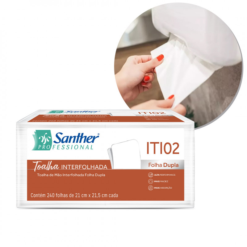TOALHA DE PAPEL FOLHA DUPLA 2 DOBRAS INTERFOLHADA SANTHER  ITI02 CX C/ 2400 FOLHAS