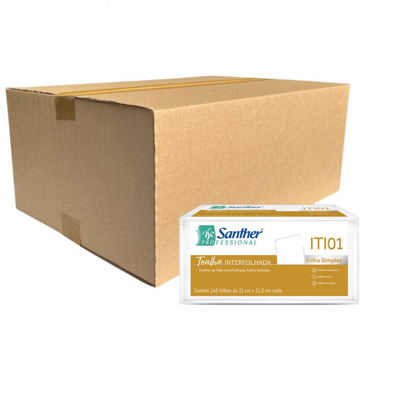 TOALHA DE PAPEL FOLHA SIMPLES 2 DOBRAS INTERFOLHADO SANTHER ITI01 CX C/ 2400 FOLHAS