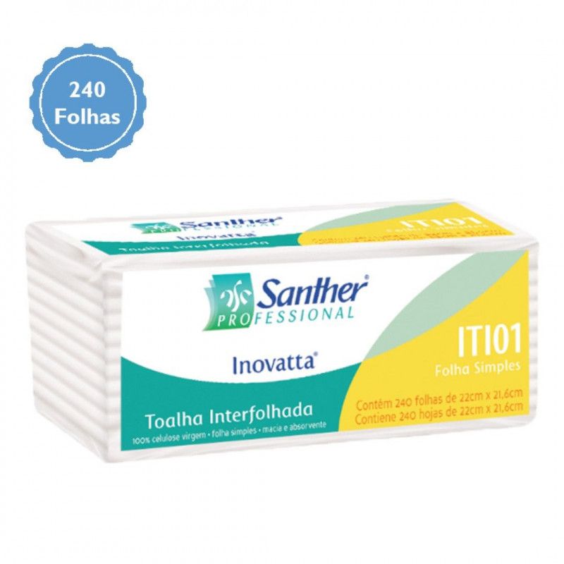 TOALHA DE PAPEL FOLHA SIMPLES 2 DOBRAS INTERFOLHADO SANTHER ITI01 CX C/ 2400 FOLHAS