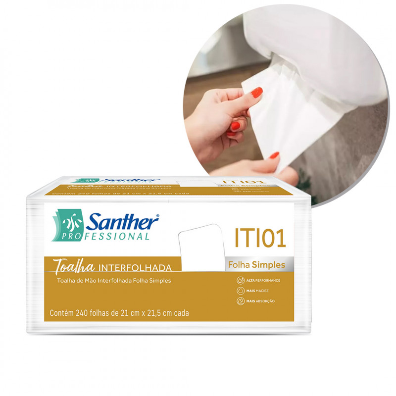 TOALHA DE PAPEL FOLHA SIMPLES 2 DOBRAS INTERFOLHADO SANTHER ITI01 CX C/ 2400 FOLHAS