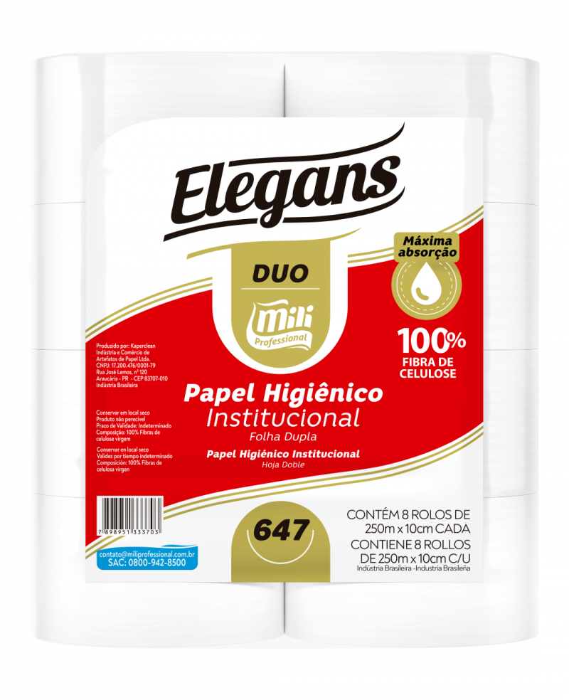 PAPEL HIGIÊNICO FOLHA DUPLA SOFT DUO 100% CELULOSE 8X250 MT MILI C/ 8 ROLOS (647)