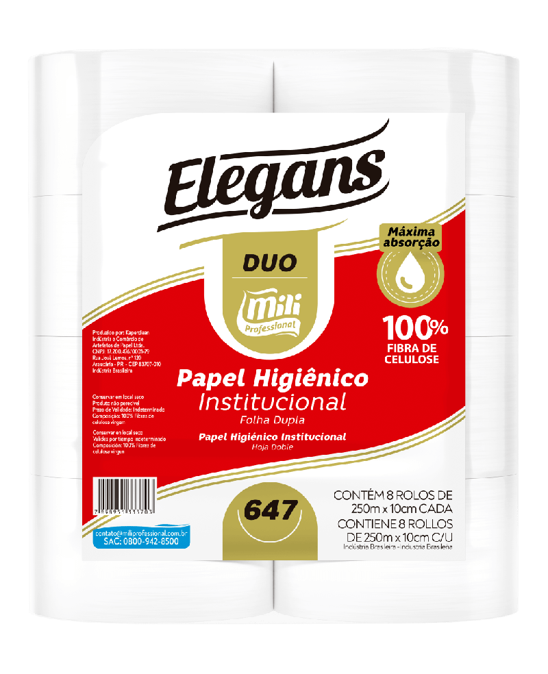 PAPEL HIGIÊNICO FOLHA DUPLA SOFT DUO 100% CELULOSE 8X250 MT MILI C/ 8 ROLOS (647)