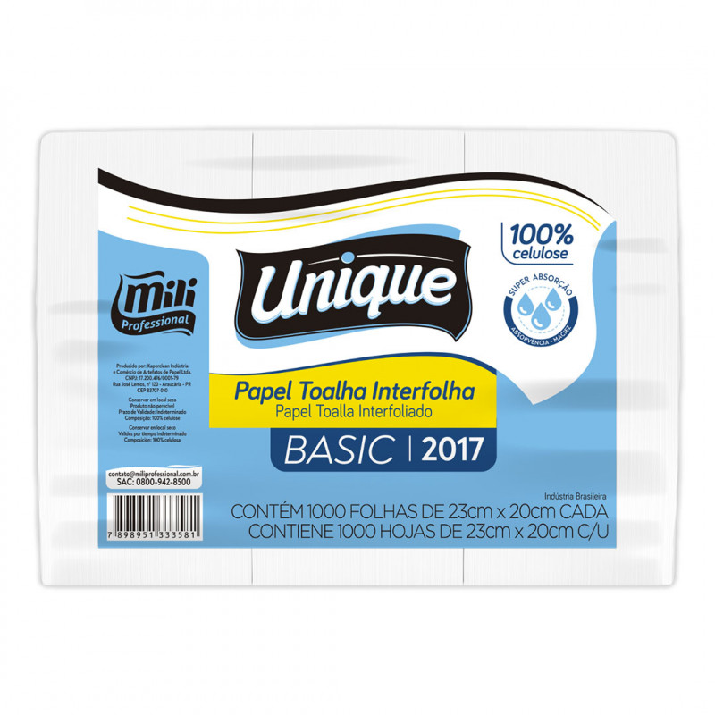 TOALHA DE PAPEL FOLHA SIMPLES 2 DOBRAS BASIC UNIQUE 100% CELULOSE 23x20 FLS MILI C/ 1000 UN (2017)