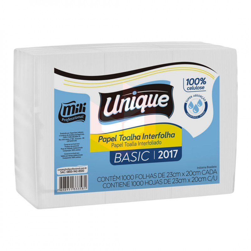 TOALHA DE PAPEL FOLHA SIMPLES 2 DOBRAS BASIC UNIQUE 100% CELULOSE 23x20 FLS MILI C/ 1000 UN (2017)