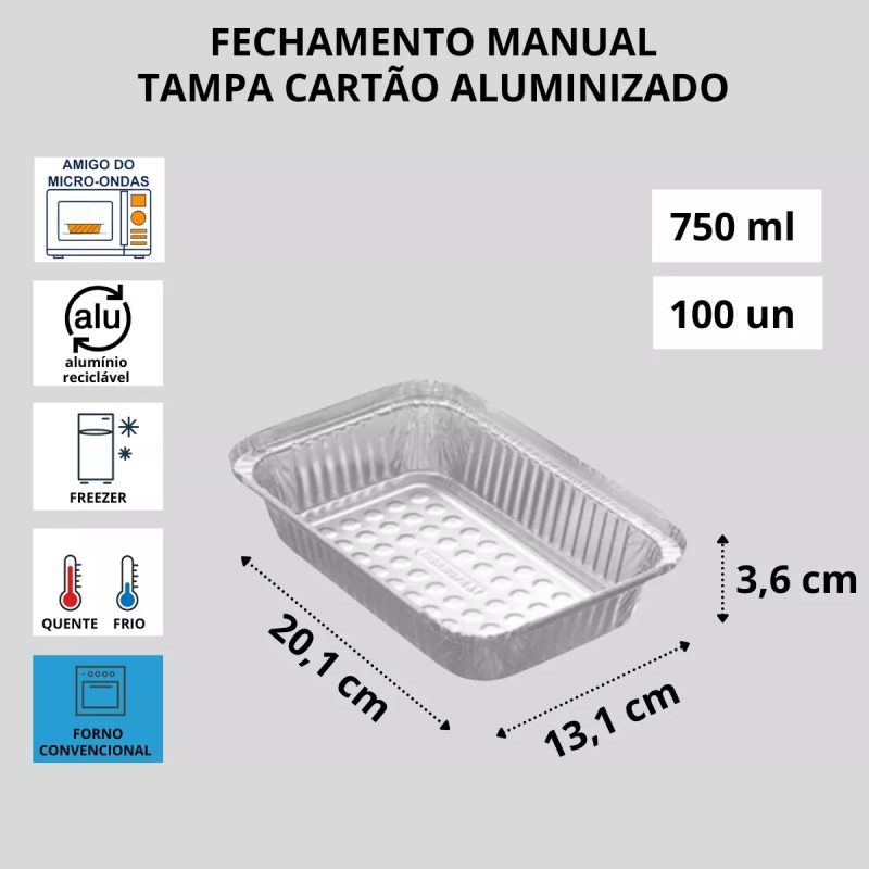 Marmitex De Alumínio Bandeja 750ml C/ Tampa C/100u