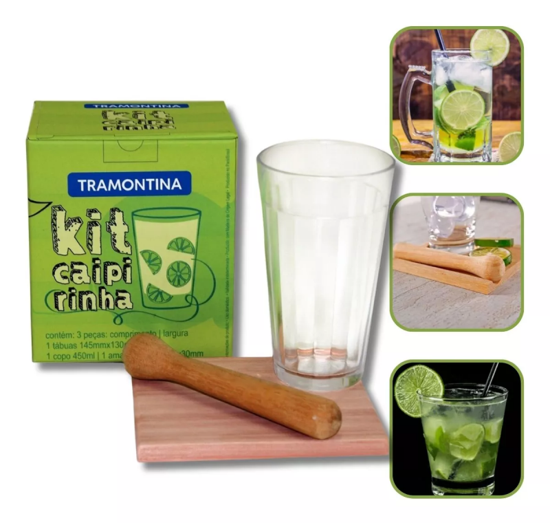 Kit Caipirinha Tramontina 3 Pçs Copo 450ml Tábua Macerador