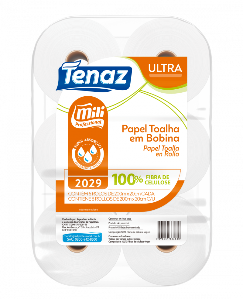 TOALHA DE PAPEL BOBINA ULTRA 24GR 100% CELULOSE 6x20x200 MTS MILI C/ 6 UN (2029)