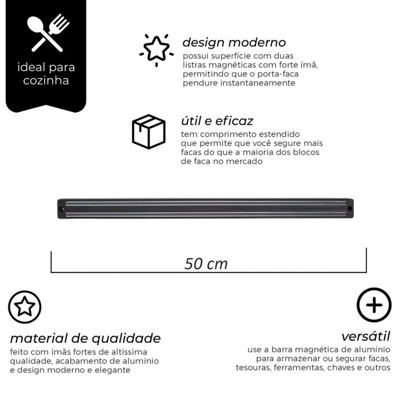 Barra Magnética De Parede Para Facas e Ferramentas 45cm Mimo