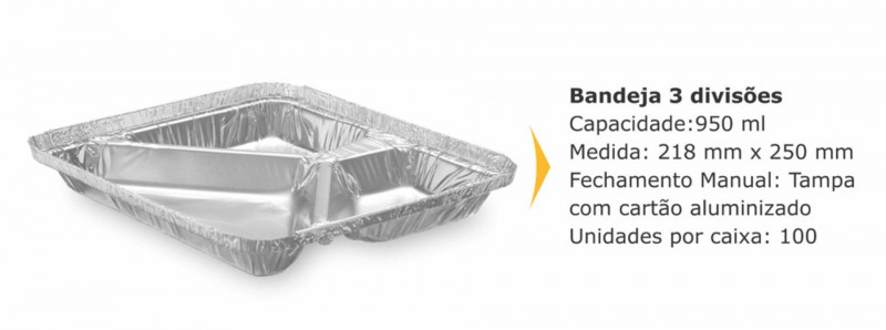 Marmitex Bandeja Alumínio Delivery 3 Divisões C/100 - 950ml