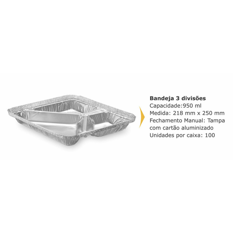 Marmitex Bandeja Alumínio Delivery 3 Divisões C/100 - 950ml