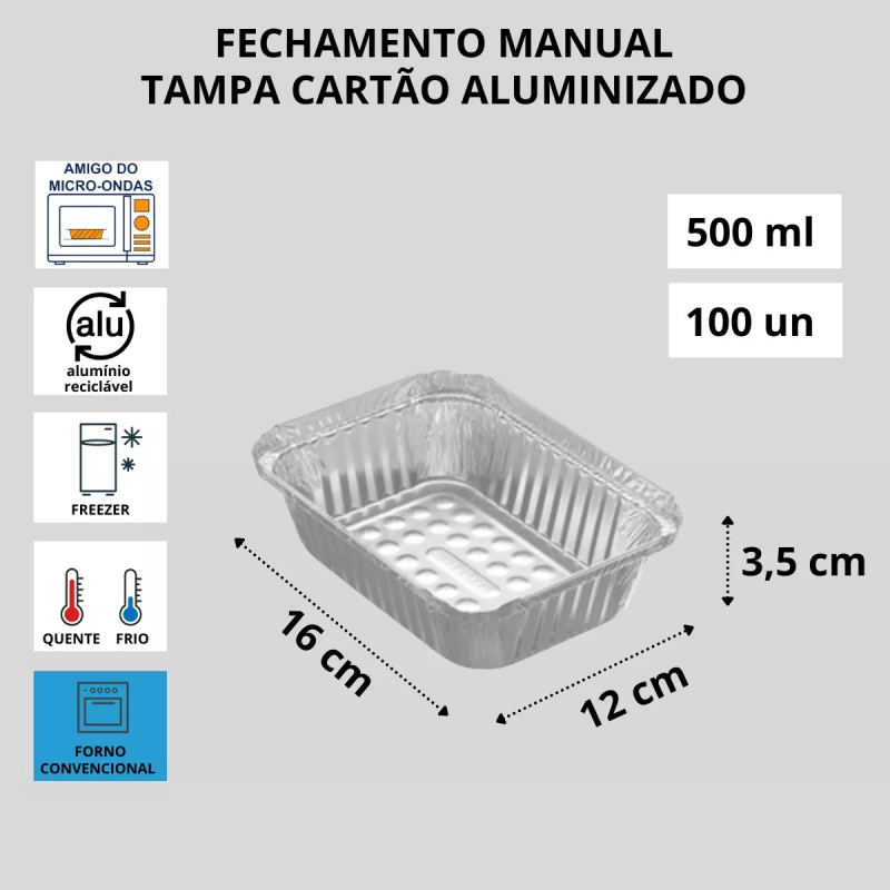 Marmitex De Alumínio Bandeja 500ml C/ Tampa C/100u