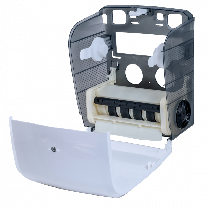 DISPENSER PARA PAPEL TOALHA BOBINA PUXE/CORTE BRANCO/FUME ELISA C/ 1 UN (EL-BBF23)