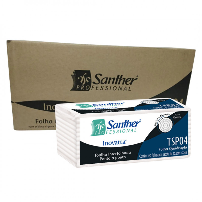TOALHA DE PAPEL FOLHA QUADRUPLA 2 DOBRAS INTERFOLHA SANTHER TSP04 CX C/ 1200 UN
