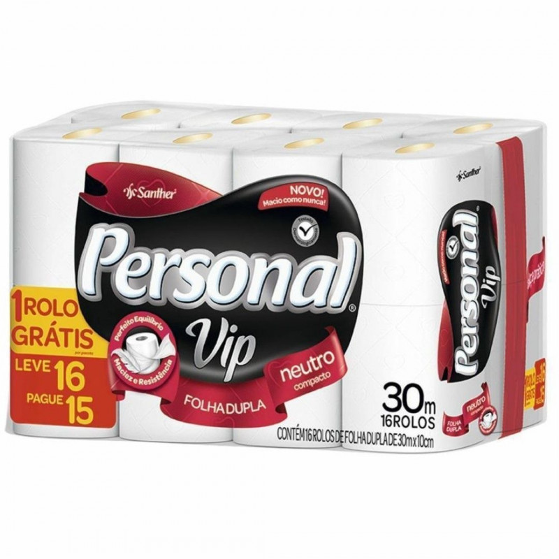 PAPEL HIGIÊNICO PERSONAL VIP FOLHA DUPLA 30 MTS LEVE 16 PAGUE 15 SANTHER PVC15 PT C/ 16 UN