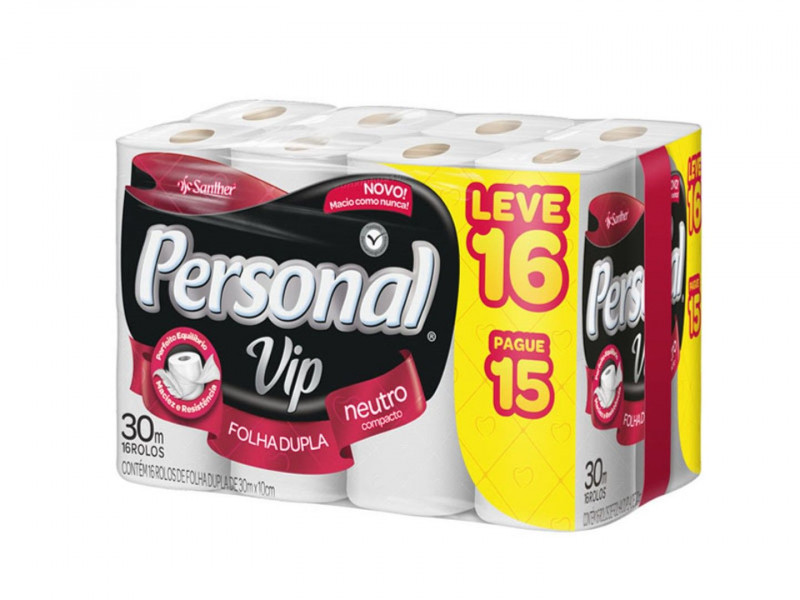 PAPEL HIGIÊNICO PERSONAL VIP FOLHA DUPLA 30 MTS LEVE 16 PAGUE 15 SANTHER PVC15 FD C/ 64 UN