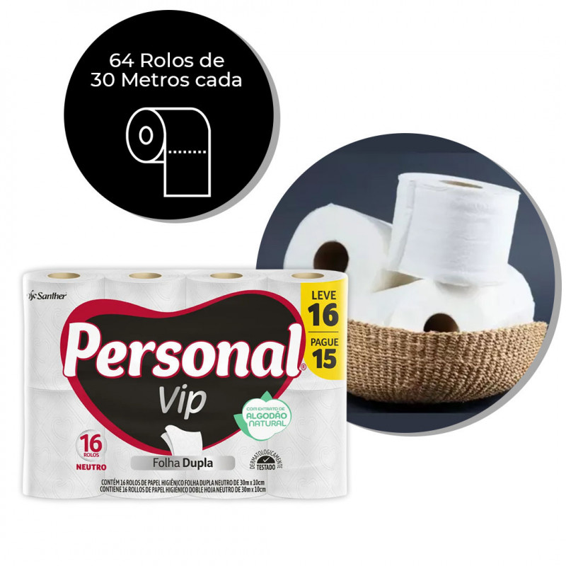 PAPEL HIGIÊNICO PERSONAL VIP FOLHA DUPLA 30 MTS LEVE 16 PAGUE 15 SANTHER PVC15 FD C/ 64 UN
