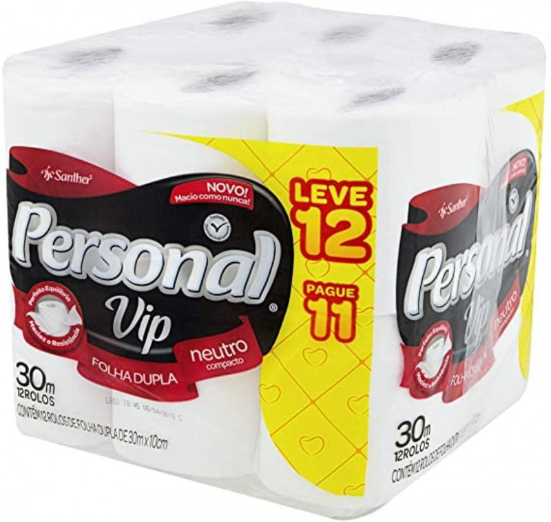 PAPEL HIGIÊNICO PERSONAL VIP FOLHA DUPLA 30 MTS LEVE 12 PAGUE 11 SANTHER PVC11 PT C/ 12 UN