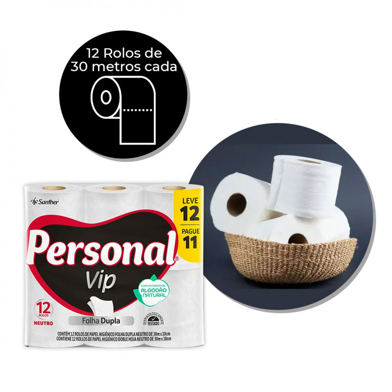 PAPEL HIGIÊNICO PERSONAL VIP FOLHA DUPLA 30 MTS LEVE 12 PAGUE 11 SANTHER PVC11 PT C/ 12 UN