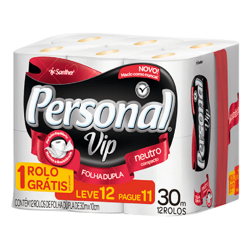 PAPEL HIGIÊNICO PERSONAL VIP FOLHA DUPLA 30 MTS LEVE 12 PAGUE 11 SANTHER PVC11 FD C/ 72 UN