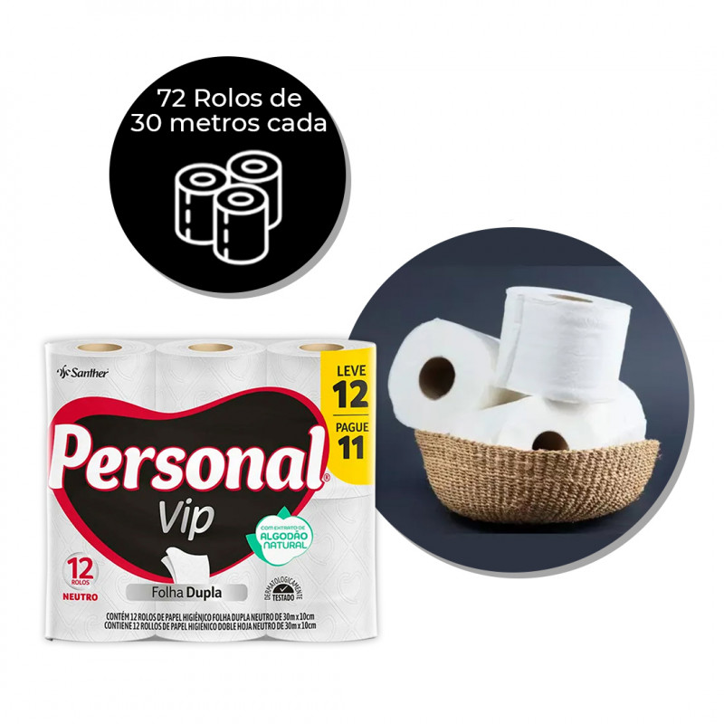 PAPEL HIGIÊNICO PERSONAL VIP FOLHA DUPLA 30 MTS LEVE 12 PAGUE 11 SANTHER PVC11 FD C/ 72 UN