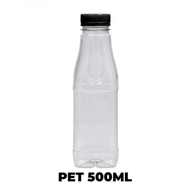 GARRAFA PET 500 ML QUADRADA TAMPA C/ ROSCA PRETA USICOMP - 100 UNIDADES